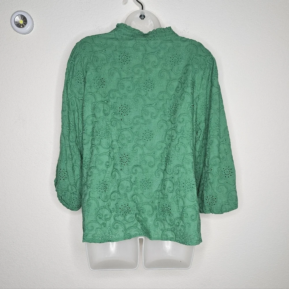 Soft Surroundings 100% Cotton Boho Embroidered Green Eyelet Puff Sleeve Blouse